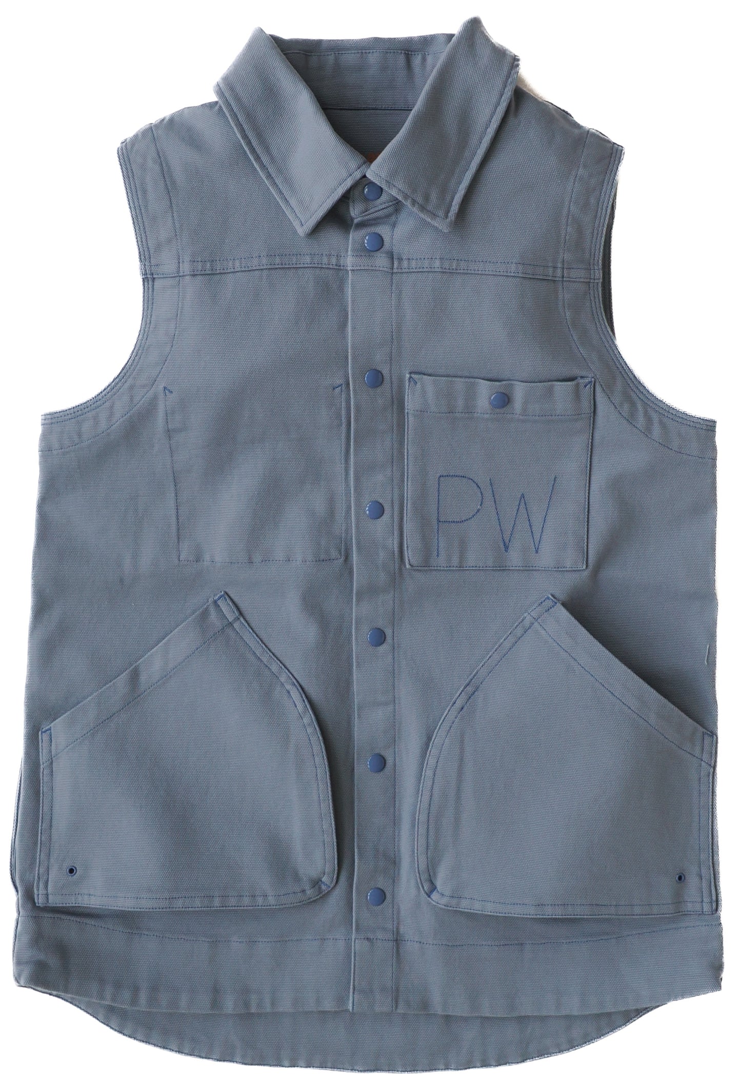 light blue Cordura nylon vest delivers pockets galore without the constriction of sleeves